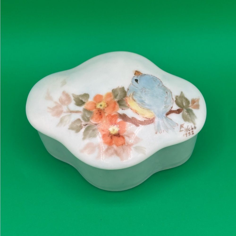 Hand Painted Blue Bird Ceramic Trinket Box 4”x3” Signed E. Webb 1992 Floral
